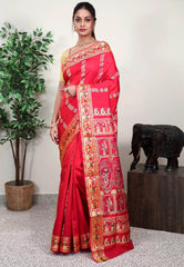 Red Baluchari Silk Saree with Blouse Piece - Adi Akshoy & Co.