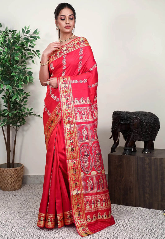 Red Baluchari Silk Saree with Blouse Piece - Adi Akshoy & Co.