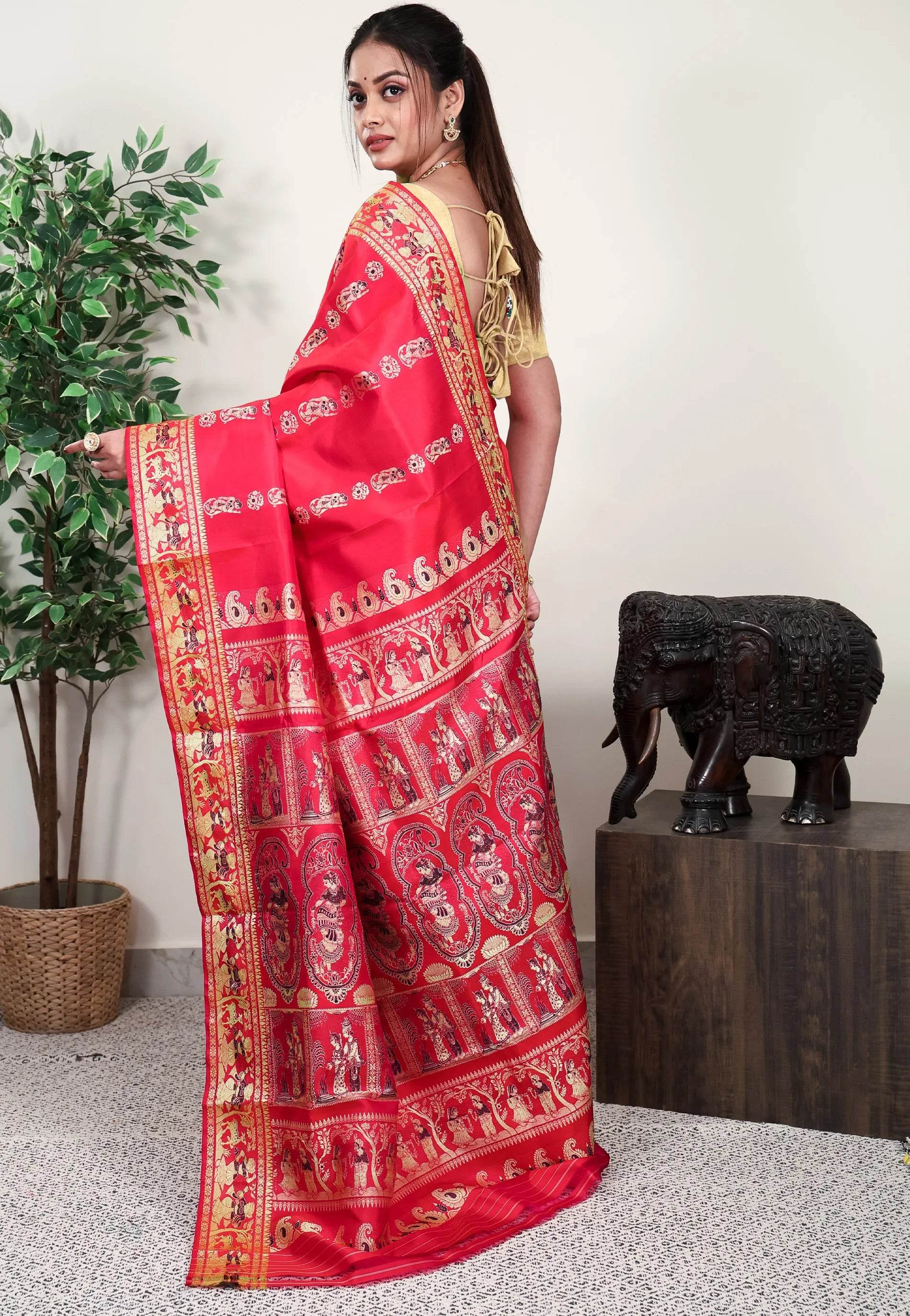 Red Baluchari Silk Saree with Blouse Piece - Adi Akshoy & Co.