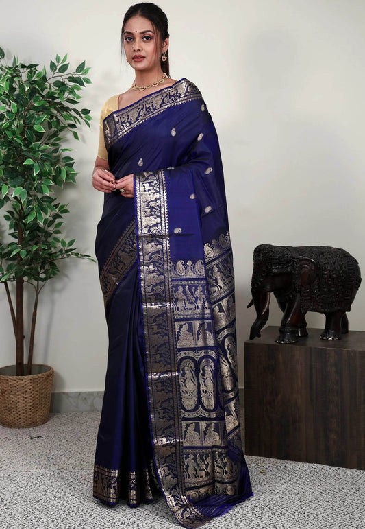 Navy Blue Baluchari Silk Saree with Blouse Piece - Adi Akshoy & Co.