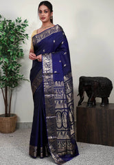 Navy Blue Baluchari Silk Saree with Blouse Piece - Adi Akshoy & Co.