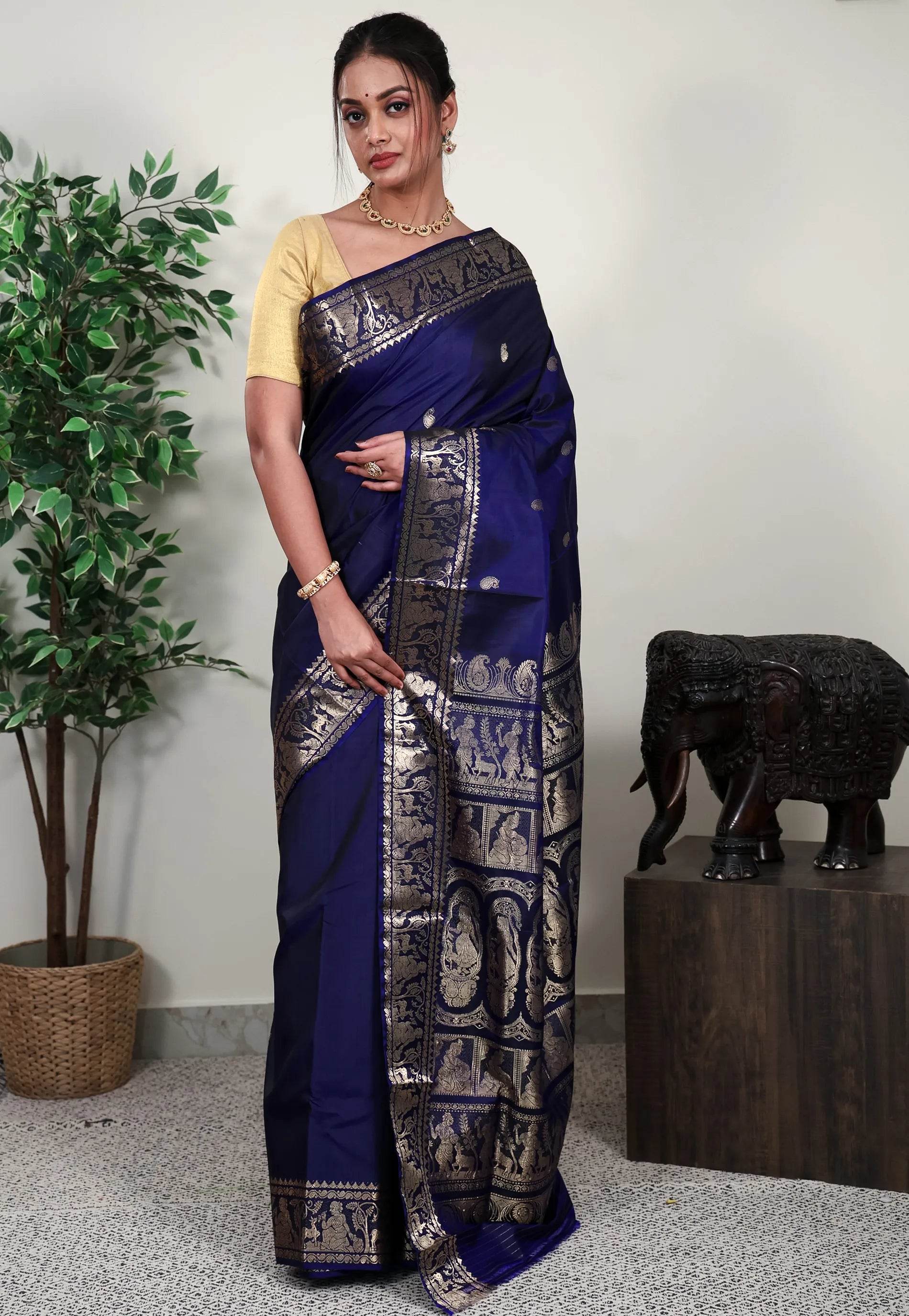 Navy Blue Baluchari Silk Saree with Blouse Piece - Adi Akshoy & Co.