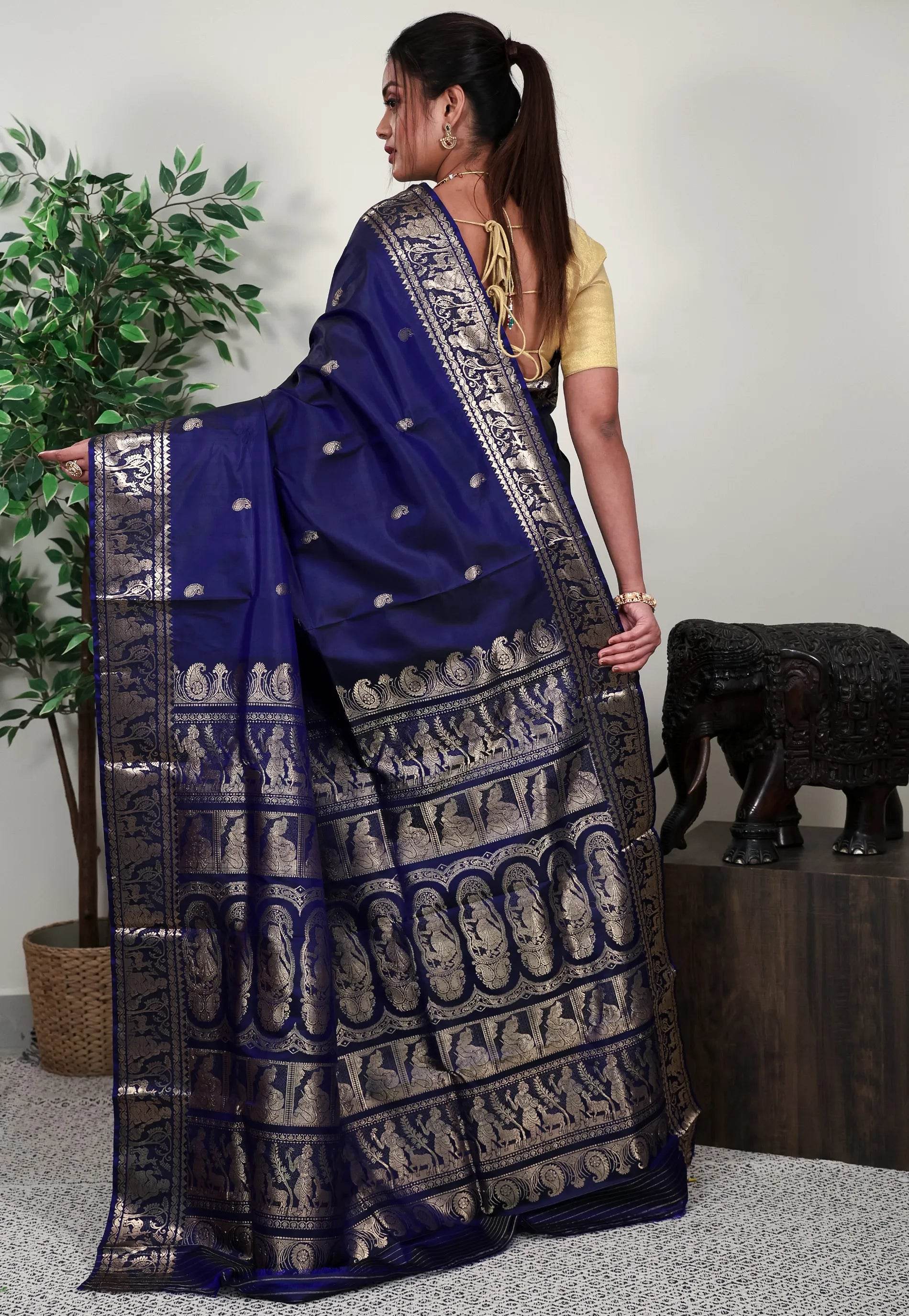 Navy Blue Baluchari Silk Saree with Blouse Piece - Adi Akshoy & Co.