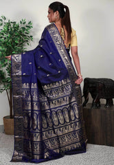 Navy Blue Baluchari Silk Saree with Blouse Piece - Adi Akshoy & Co.