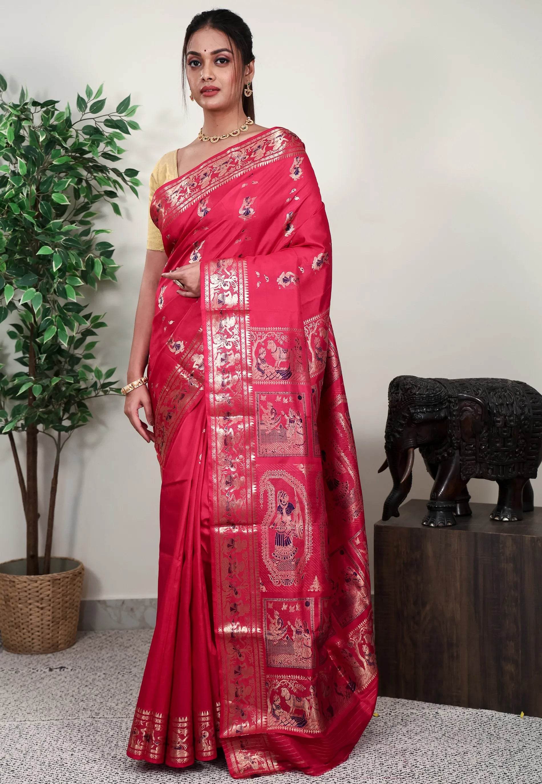 Rani Pink Baluchari Silk Saree with Blouse Piece - Adi Akshoy & Co.