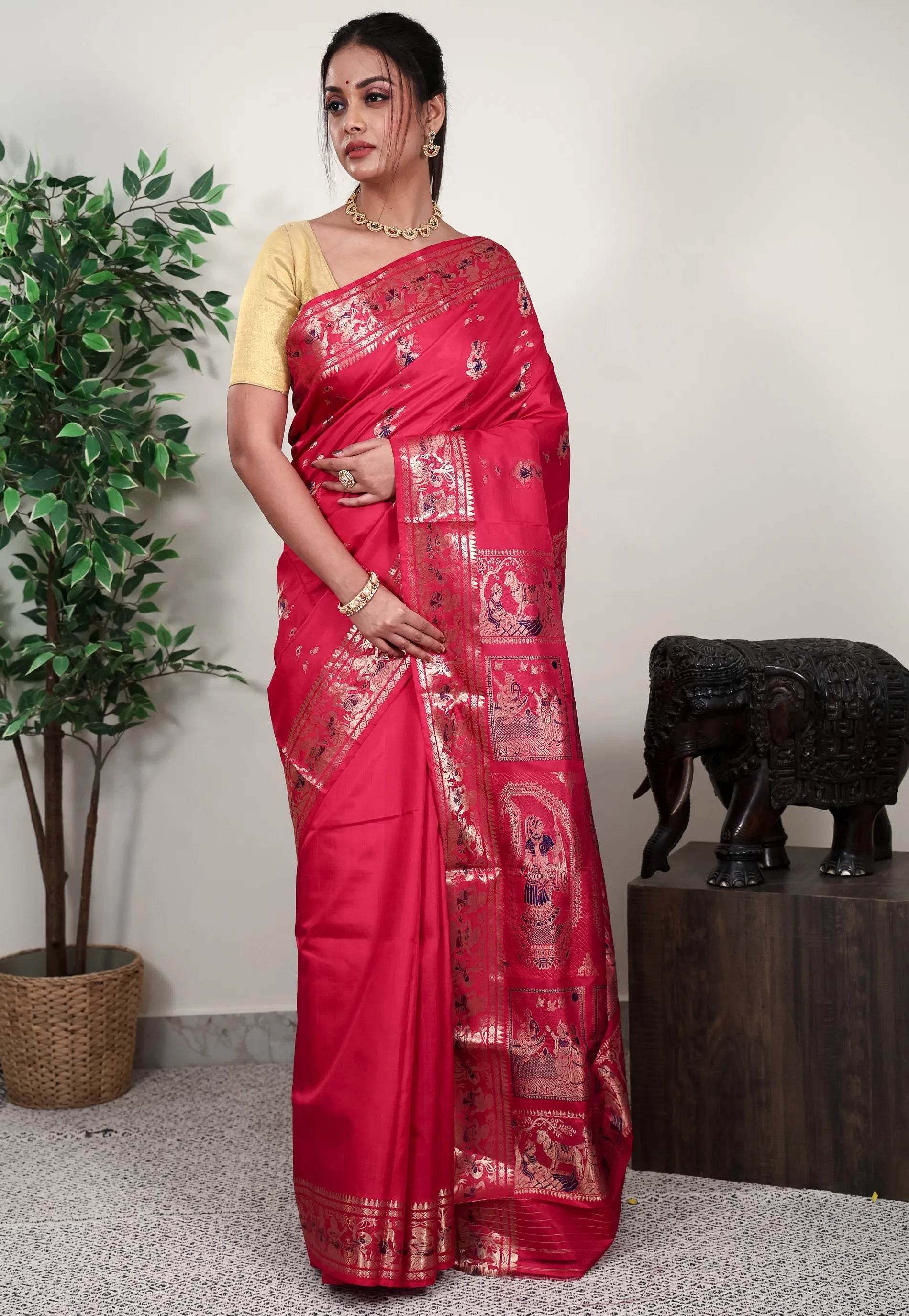 Rani Pink Baluchari Silk Saree with Blouse Piece - Adi Akshoy & Co.