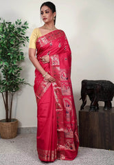 Rani Pink Baluchari Silk Saree with Blouse Piece - Adi Akshoy & Co.