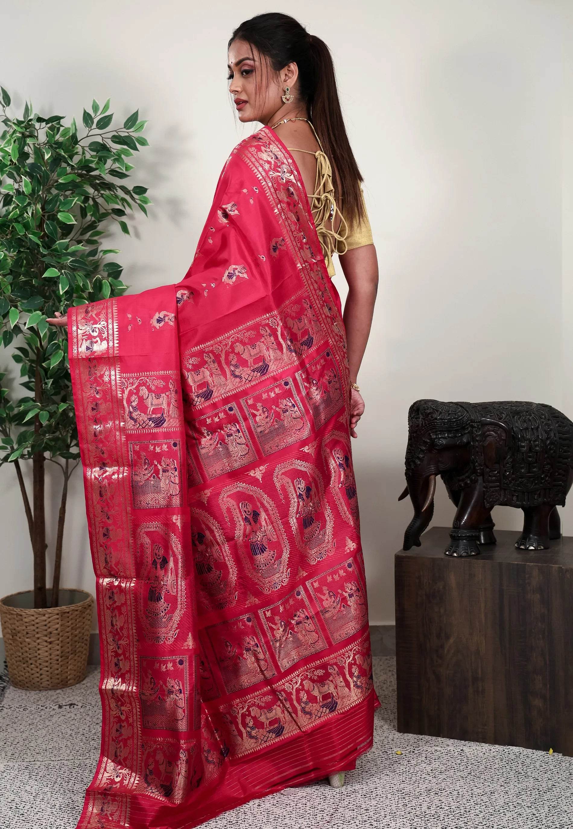 Rani Pink Baluchari Silk Saree with Blouse Piece - Adi Akshoy & Co.