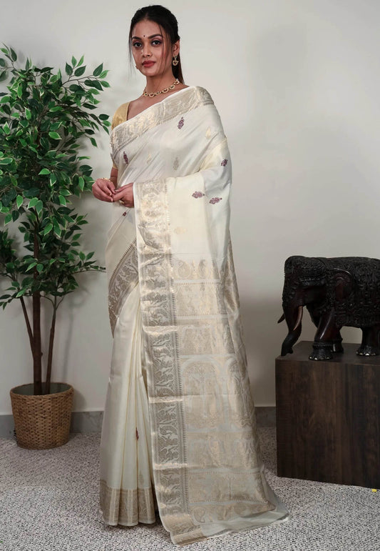 Ivory Baluchari Silk Saree with Blouse Piece - Adi Akshoy & Co.