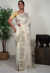 Ivory Baluchari Silk Saree with Blouse Piece - Adi Akshoy & Co.