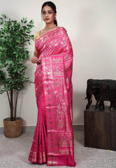 Pink Brocade Baluchari Silk Saree with Blouse Piece - Adi Akshoy & Co.