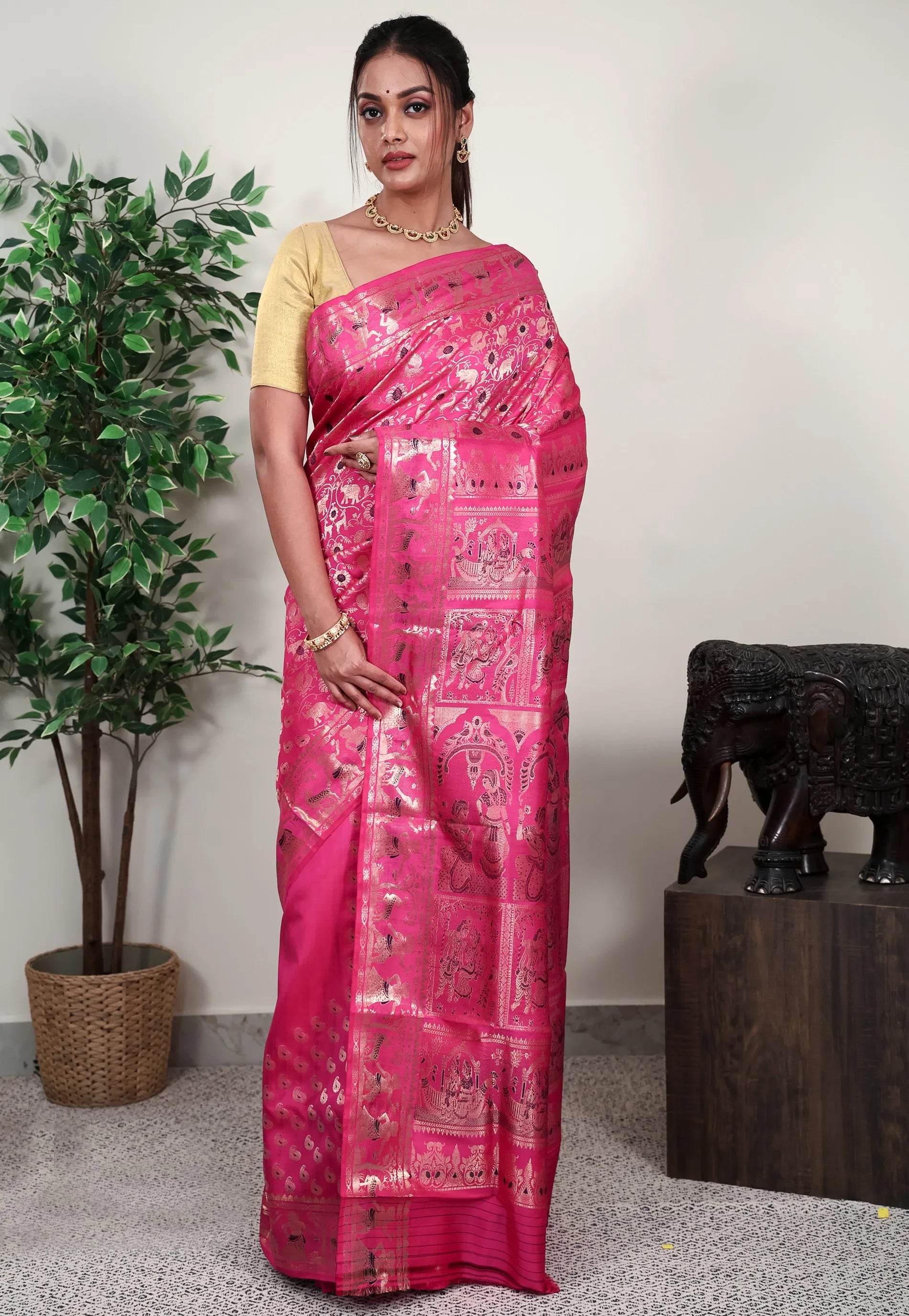Pink Brocade Baluchari Silk Saree with Blouse Piece - Adi Akshoy & Co.