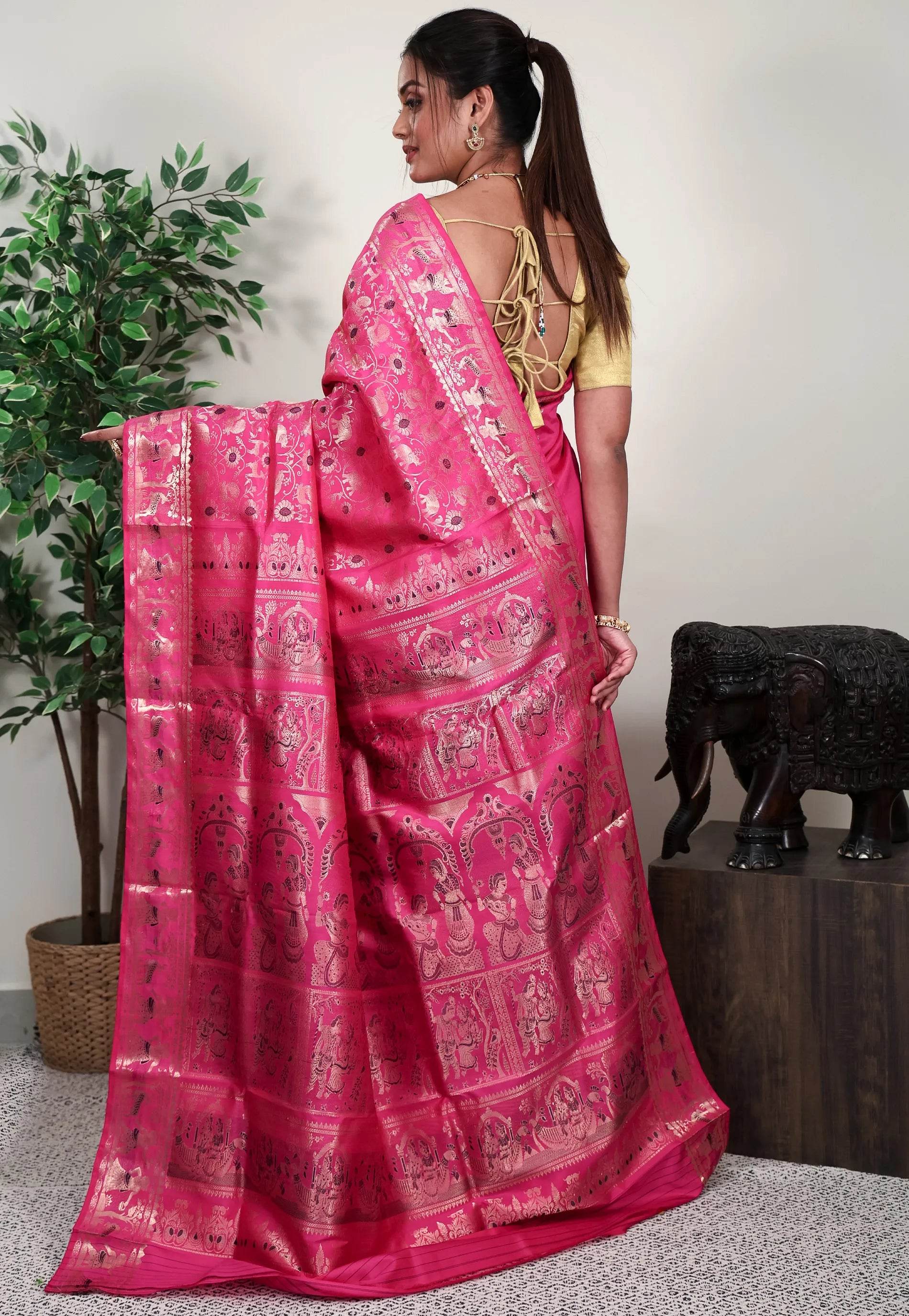 Pink Brocade Baluchari Silk Saree with Blouse Piece - Adi Akshoy & Co.