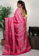 Pink Brocade Baluchari Silk Saree with Blouse Piece - Adi Akshoy & Co.