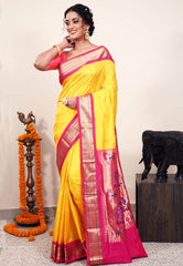 Yellow with Rani Pink Border Paithani Pure Silk Saree With Blouse Piece - Adi Akshoy & Co.