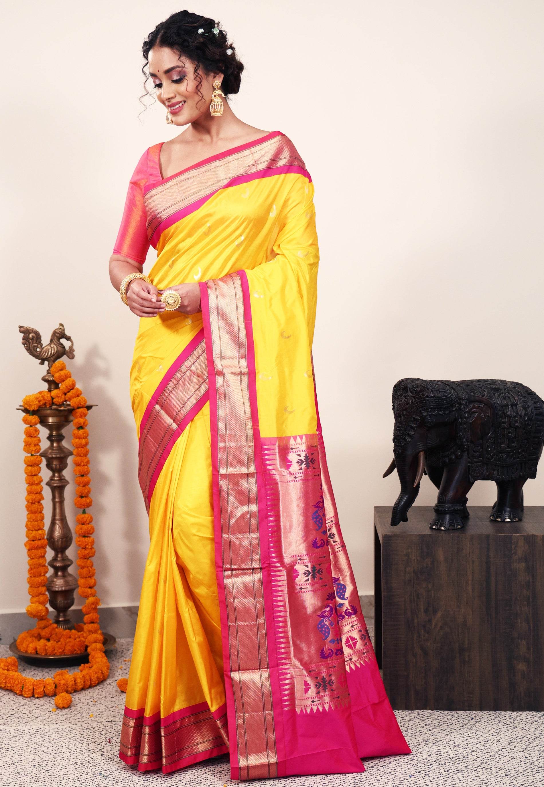 Yellow with Rani Pink Border Paithani Pure Silk Saree With Blouse Piece - Adi Akshoy & Co.