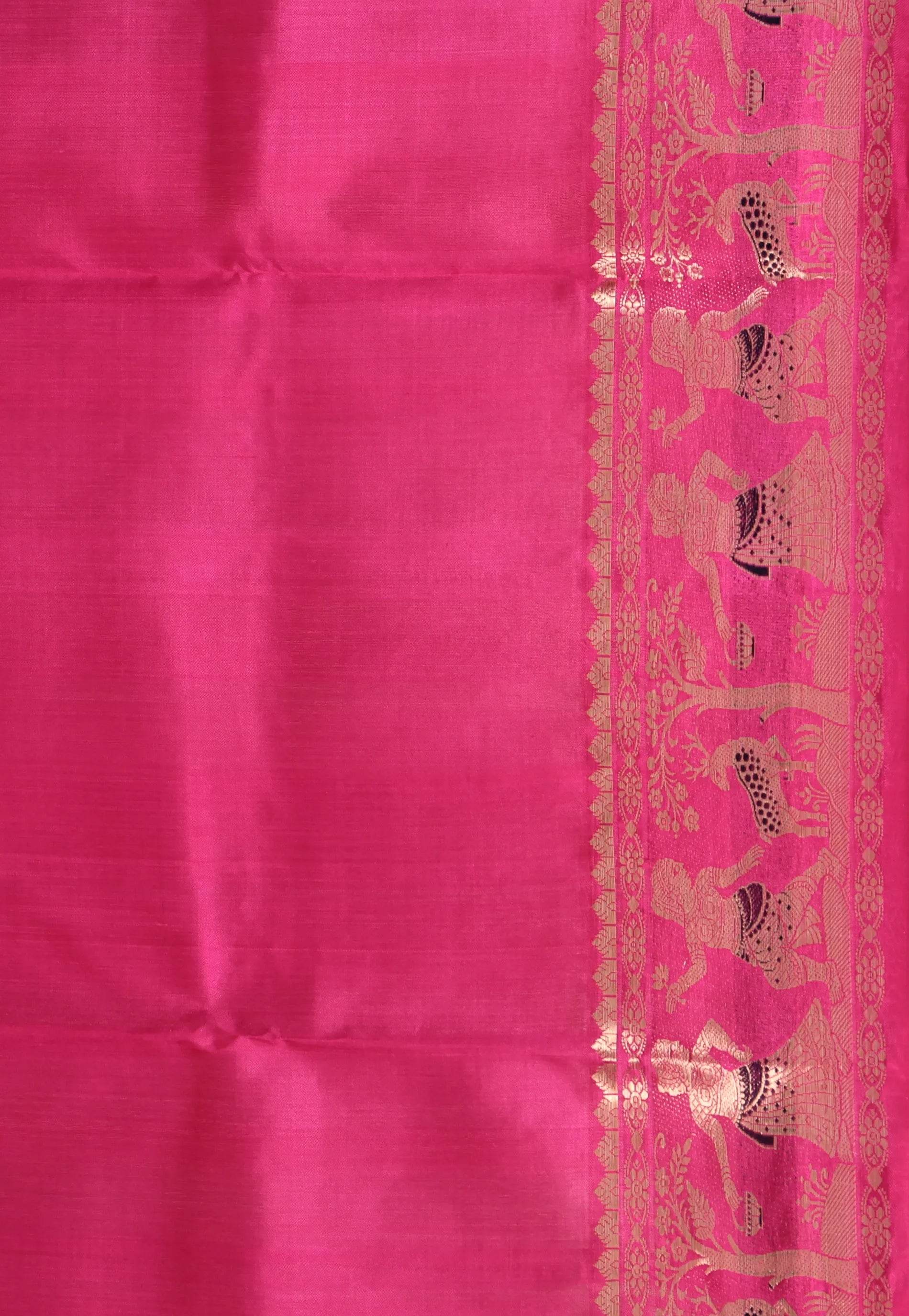 Pink Brocade Baluchari Silk Saree with Blouse Piece - Adi Akshoy & Co.