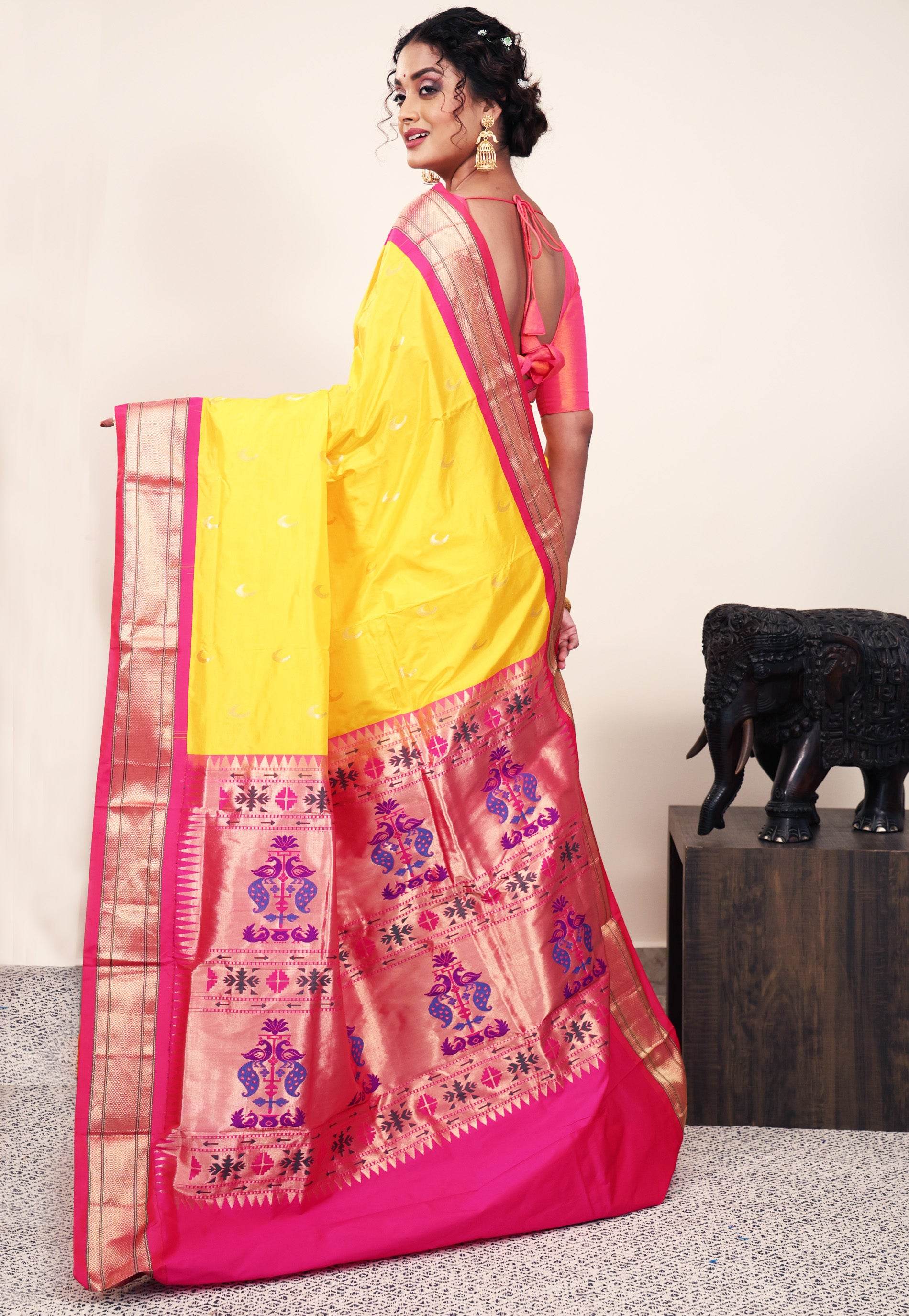 Yellow with Rani Pink Border Paithani Pure Silk Saree With Blouse Piece - Adi Akshoy & Co.