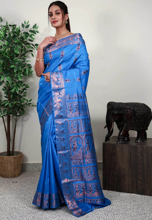 Feroza Blue Baluchari Pure Silk Saree with Blouse Piece - Adi Akshoy & Co.