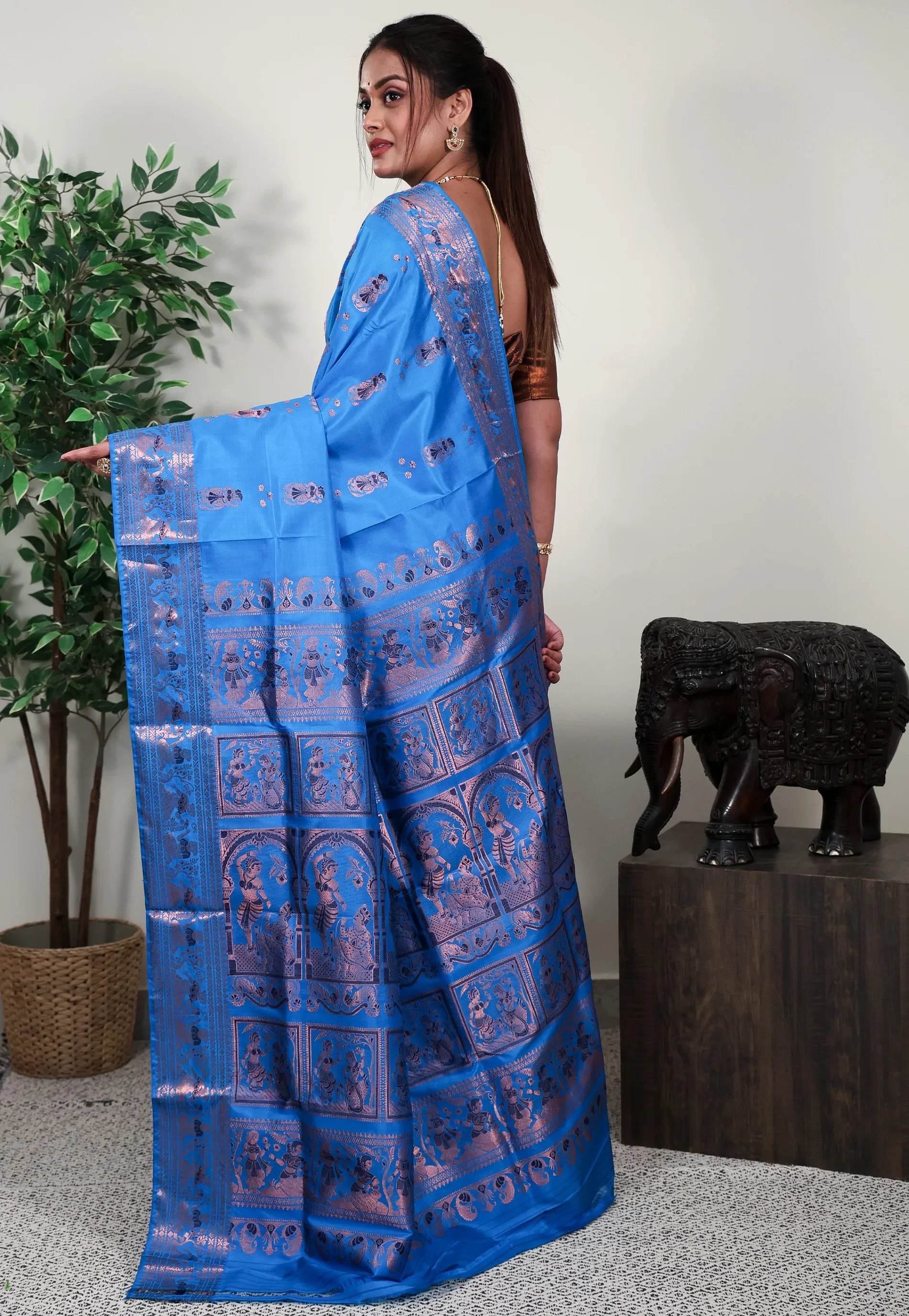 Feroza Blue Baluchari Pure Silk Saree with Blouse Piece - Adi Akshoy & Co.