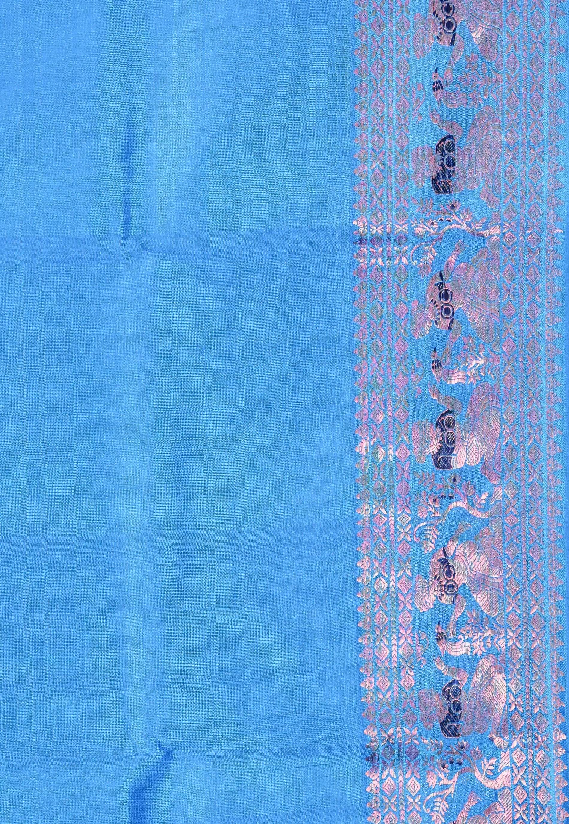 Feroza Blue Baluchari Pure Silk Saree with Blouse Piece - Adi Akshoy & Co.