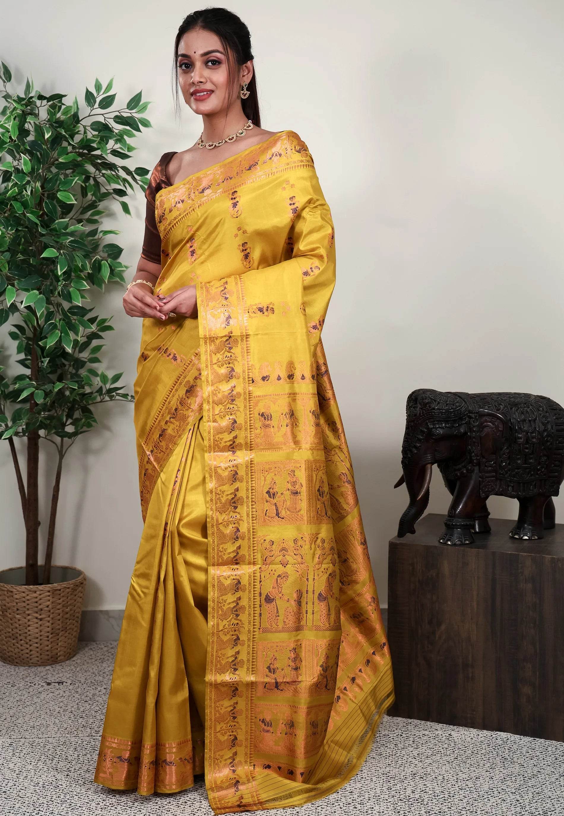 Yellow Baluchari Silk Saree with Blouse Piece - Adi Akshoy & Co.