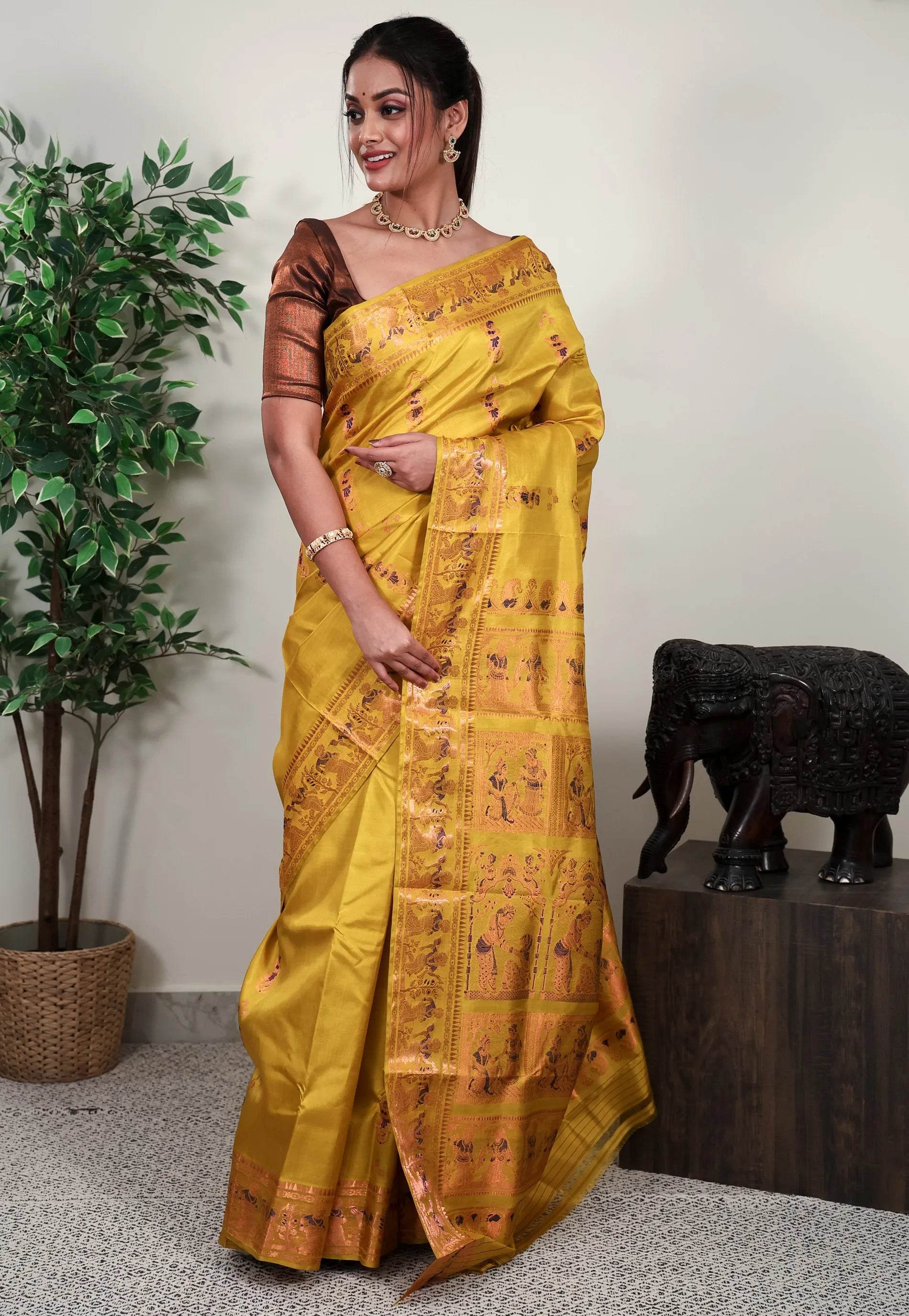 Yellow Baluchari Silk Saree with Blouse Piece - Adi Akshoy & Co.