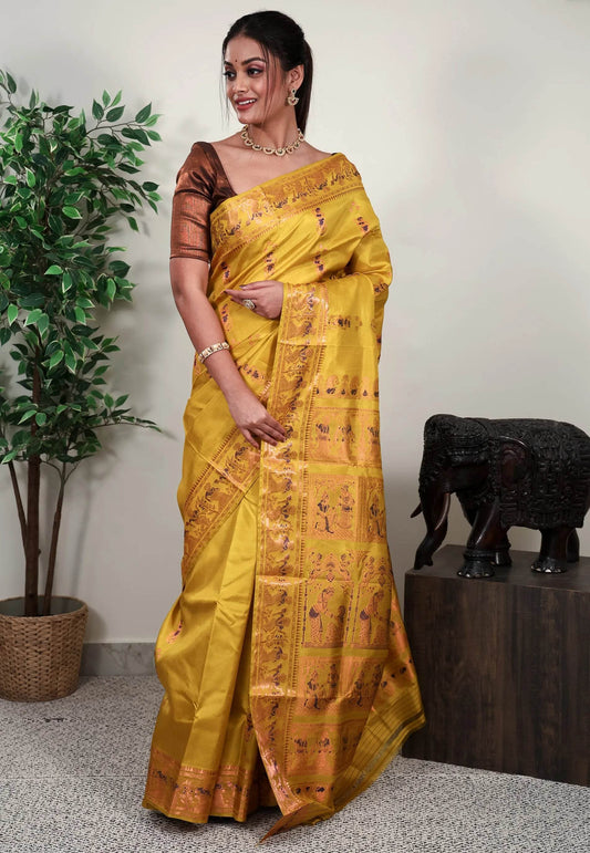 Yellow Baluchari Silk Saree with Blouse Piece - Adi Akshoy & Co.