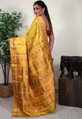 Yellow Baluchari Silk Saree with Blouse Piece - Adi Akshoy & Co.