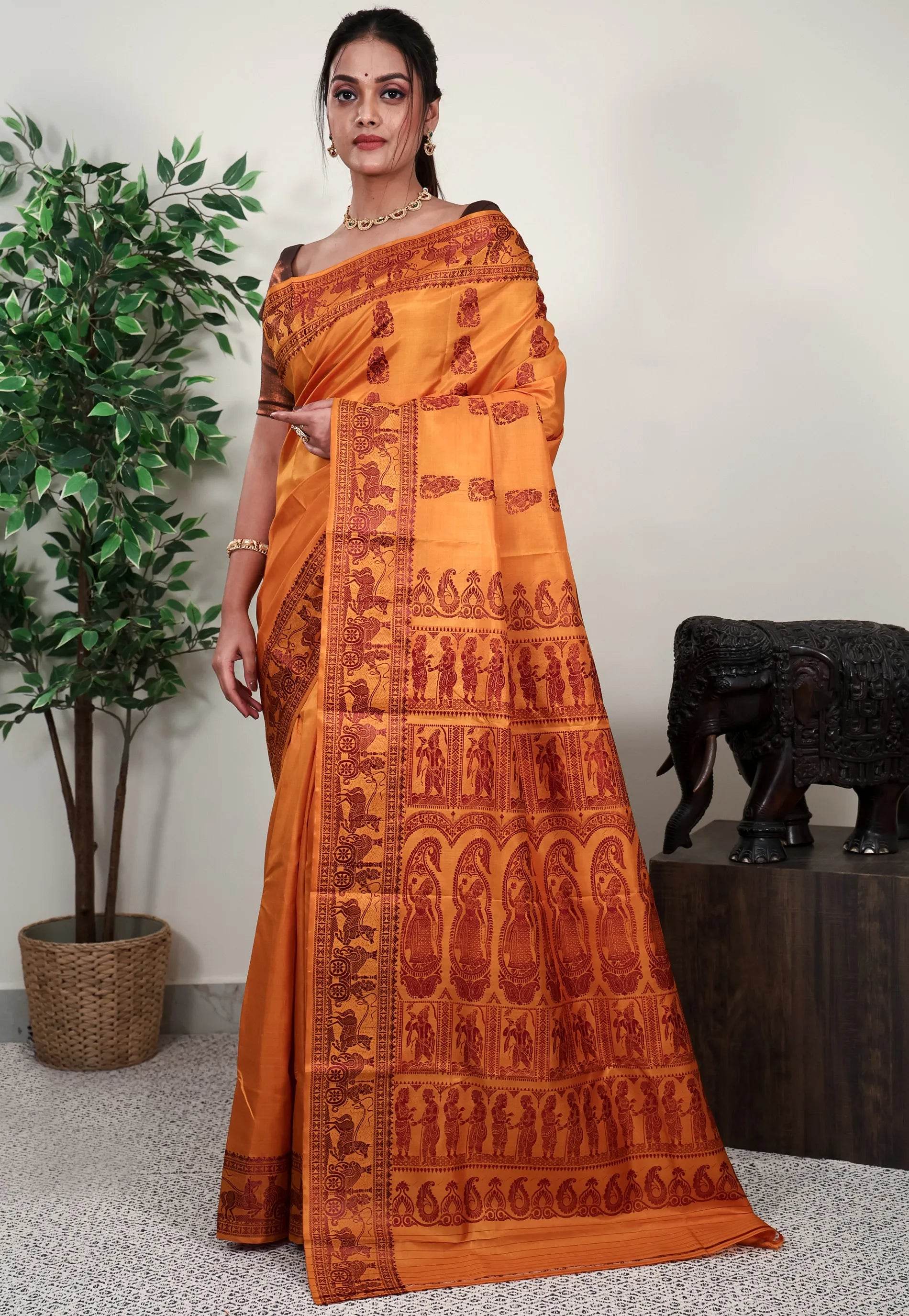 Mustard Yellow Baluchari Pure Silk Saree with Blouse Piece - Adi Akshoy & Co.