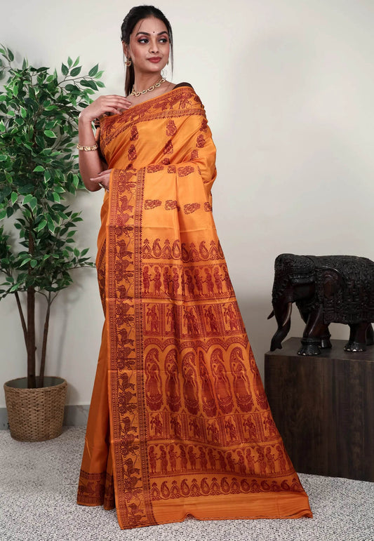 Mustard Yellow Baluchari Pure Silk Saree with Blouse Piece - Adi Akshoy & Co.