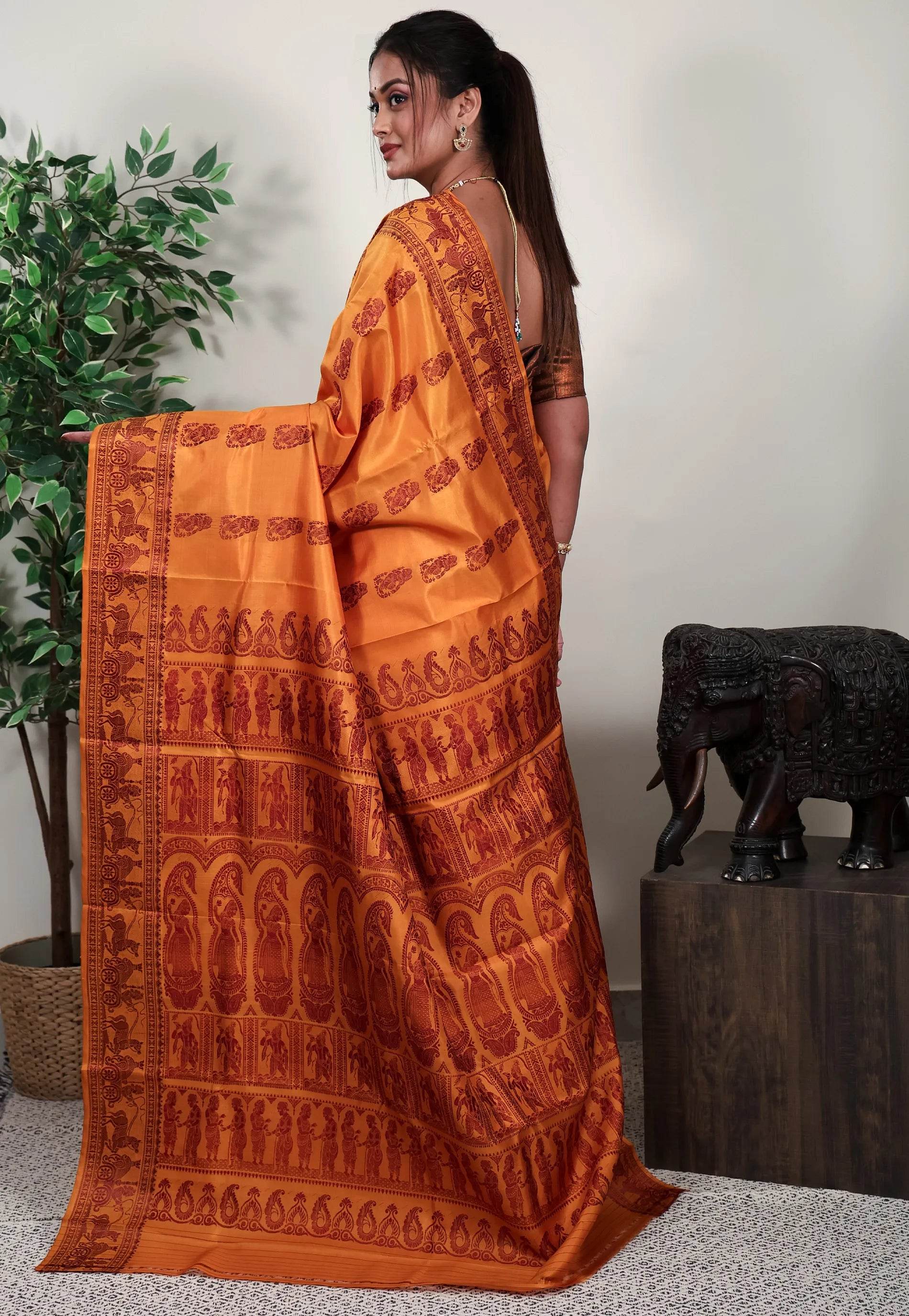 Mustard Yellow Baluchari Pure Silk Saree with Blouse Piece - Adi Akshoy & Co.