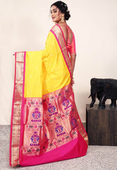 Yellow with Rani Pink Border Paithani Pure Silk Saree With Blouse Piece - Adi Akshoy & Co.