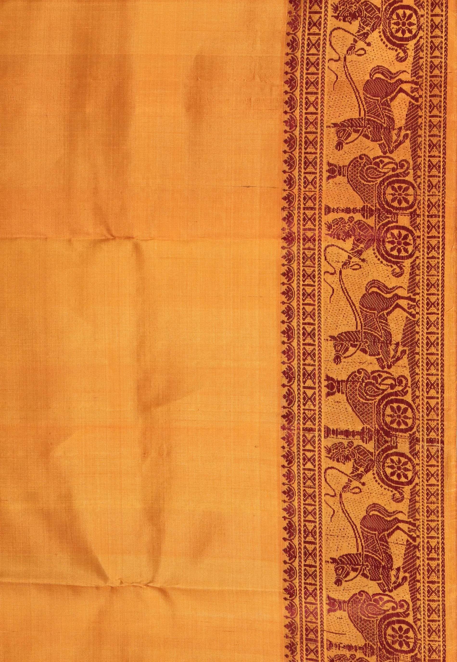 Mustard Yellow Baluchari Pure Silk Saree with Blouse Piece - Adi Akshoy & Co.