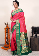 Cross Rani Pink with Bottle Green Border Paithani Silk Saree With Blouse Piece - Adi Akshoy & Co.