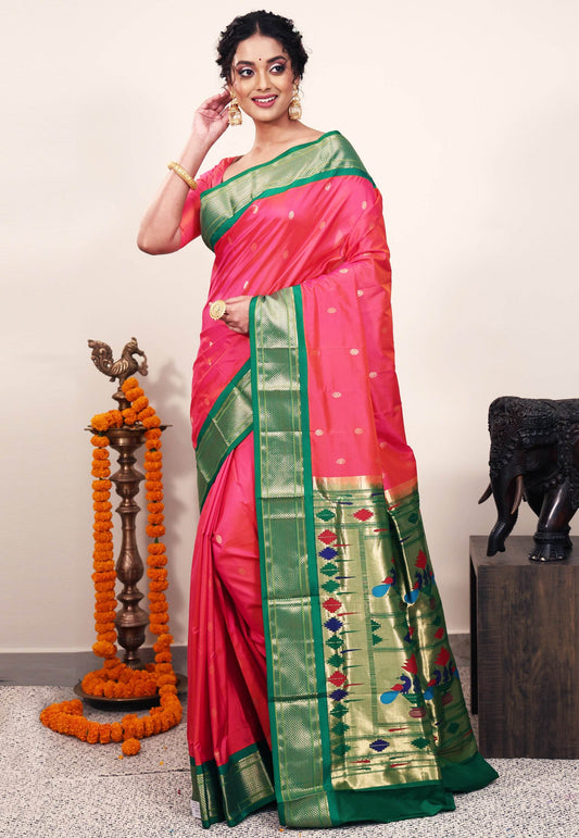 Cross Rani Pink with Bottle Green Border Paithani Silk Saree With Blouse Piece - Adi Akshoy & Co.