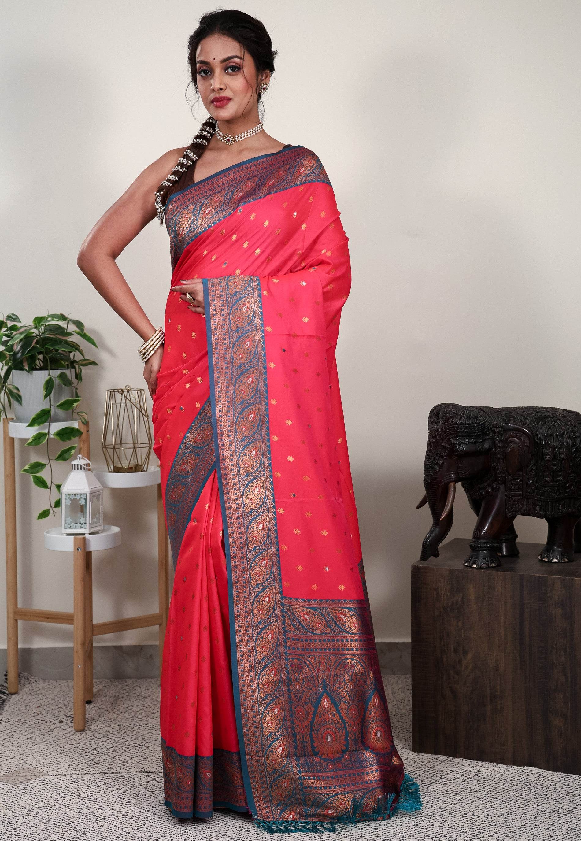 Rani Pink with Rama Green Border Mashru Silk Saree with Blouse Piece - Adi Akshoy & Co.