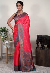 Rani Pink with Rama Green Border Mashru Silk Saree with Blouse Piece - Adi Akshoy & Co.