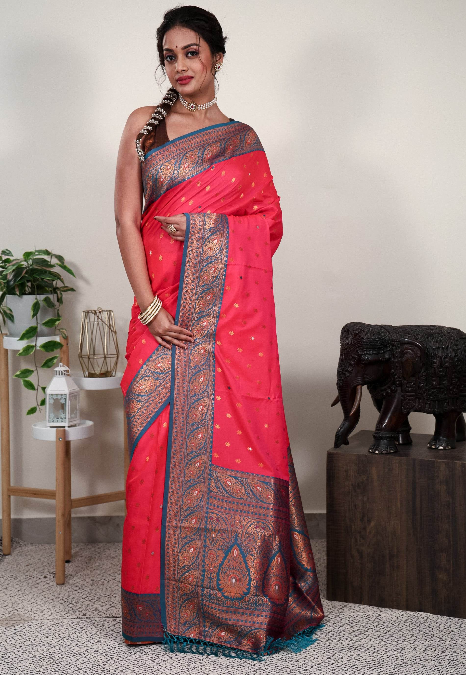 Rani Pink with Rama Green Border Mashru Silk Saree with Blouse Piece - Adi Akshoy & Co.