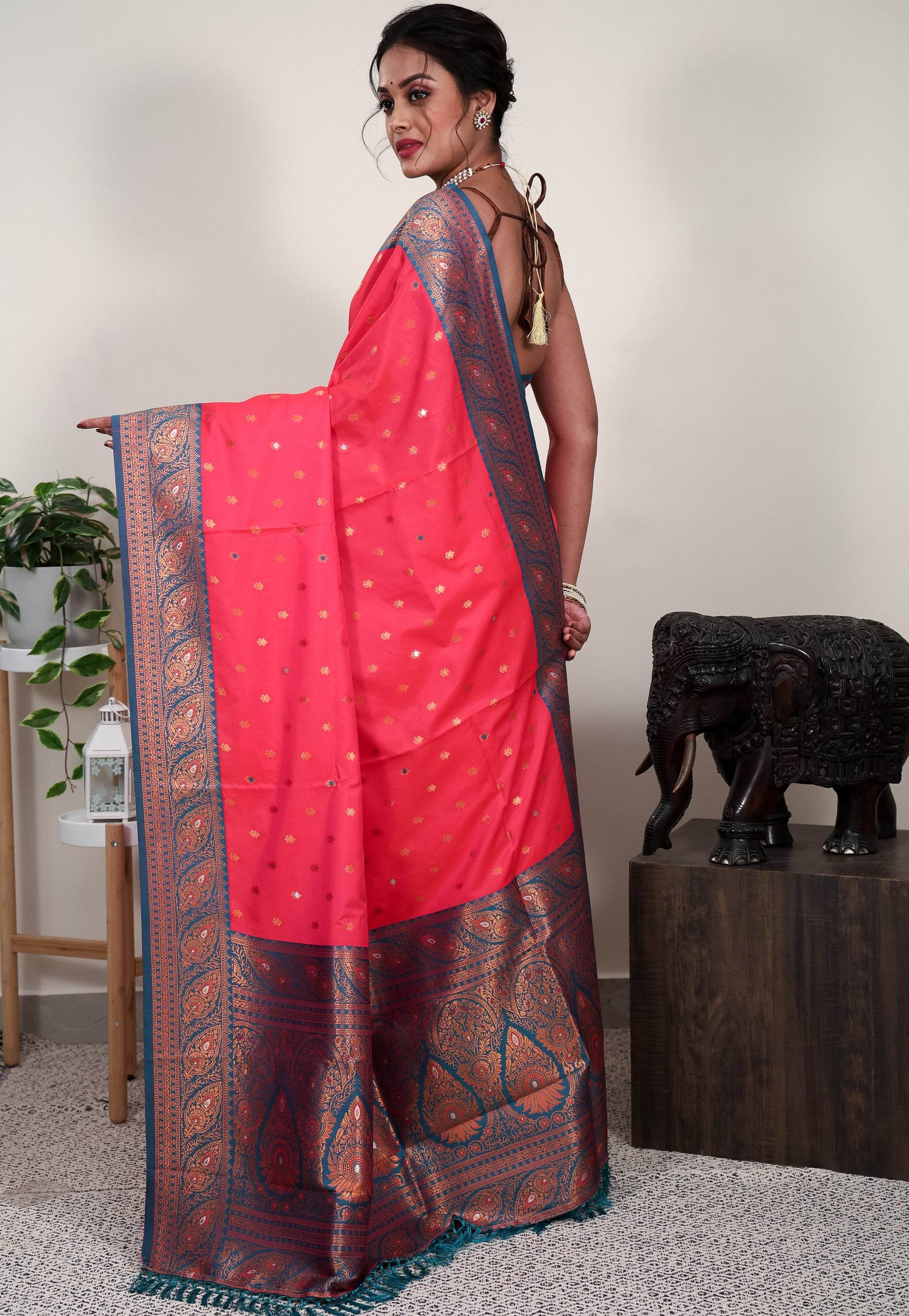 Rani Pink with Rama Green Border Mashru Silk Saree with Blouse Piece - Adi Akshoy & Co.