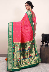 Cross Rani Pink with Bottle Green Border Paithani Silk Saree With Blouse Piece - Adi Akshoy & Co.