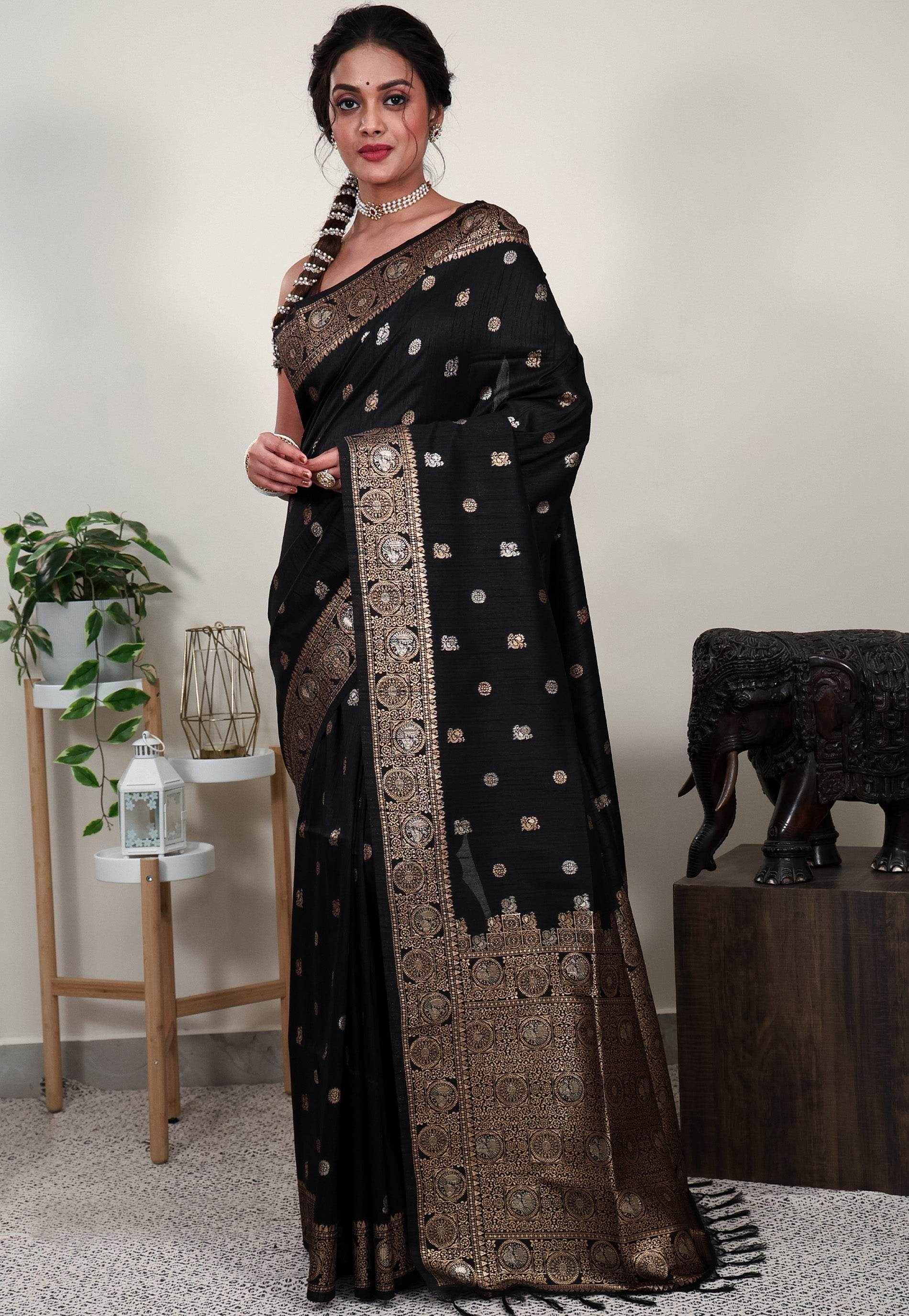 Balck Tussar Silk Saree with Blouse Piece - Adi Akshoy & Co.