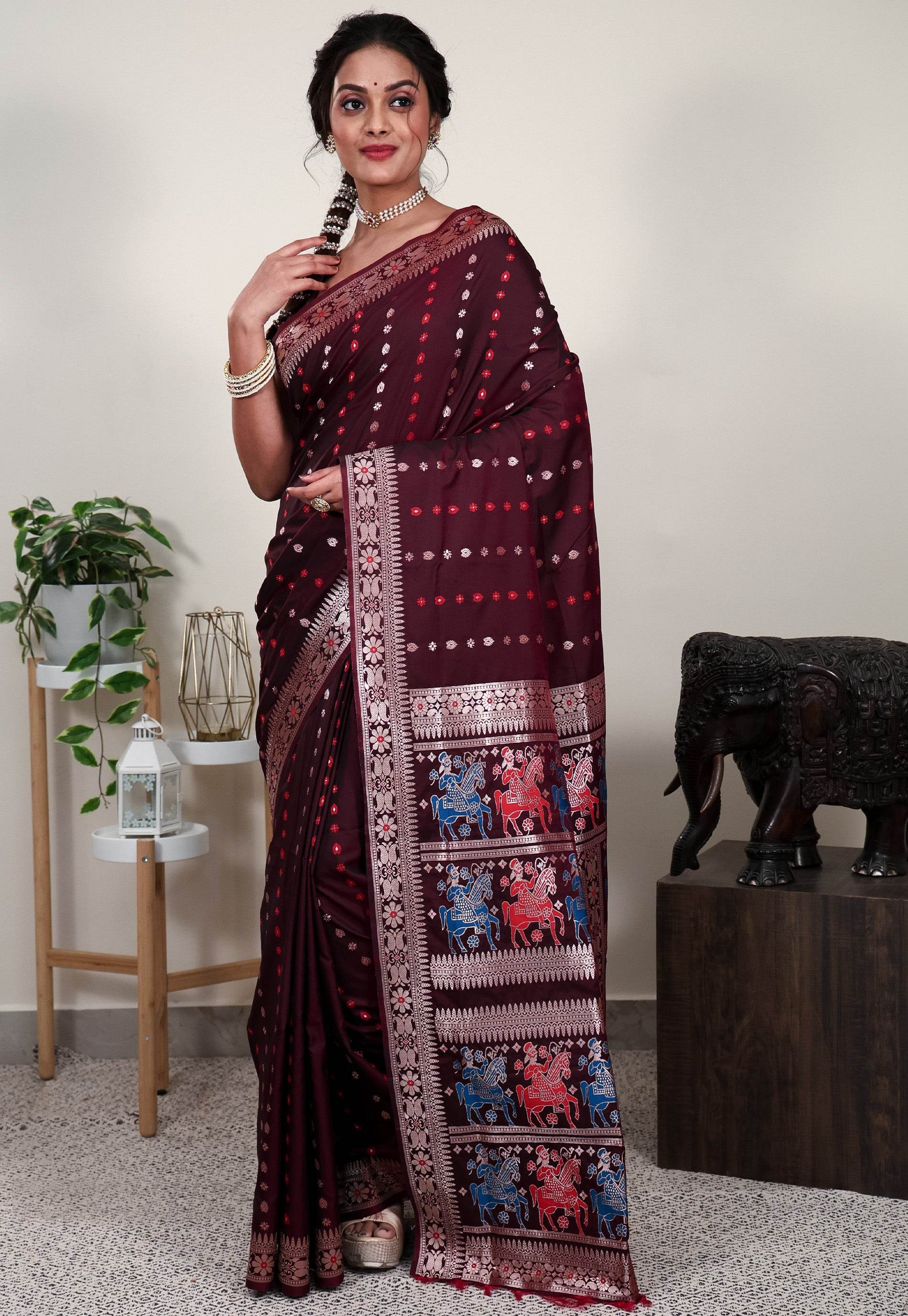 Maroon Minakari Mashru Silk Saree with Blouse Piece - Adi Akshoy & Co.