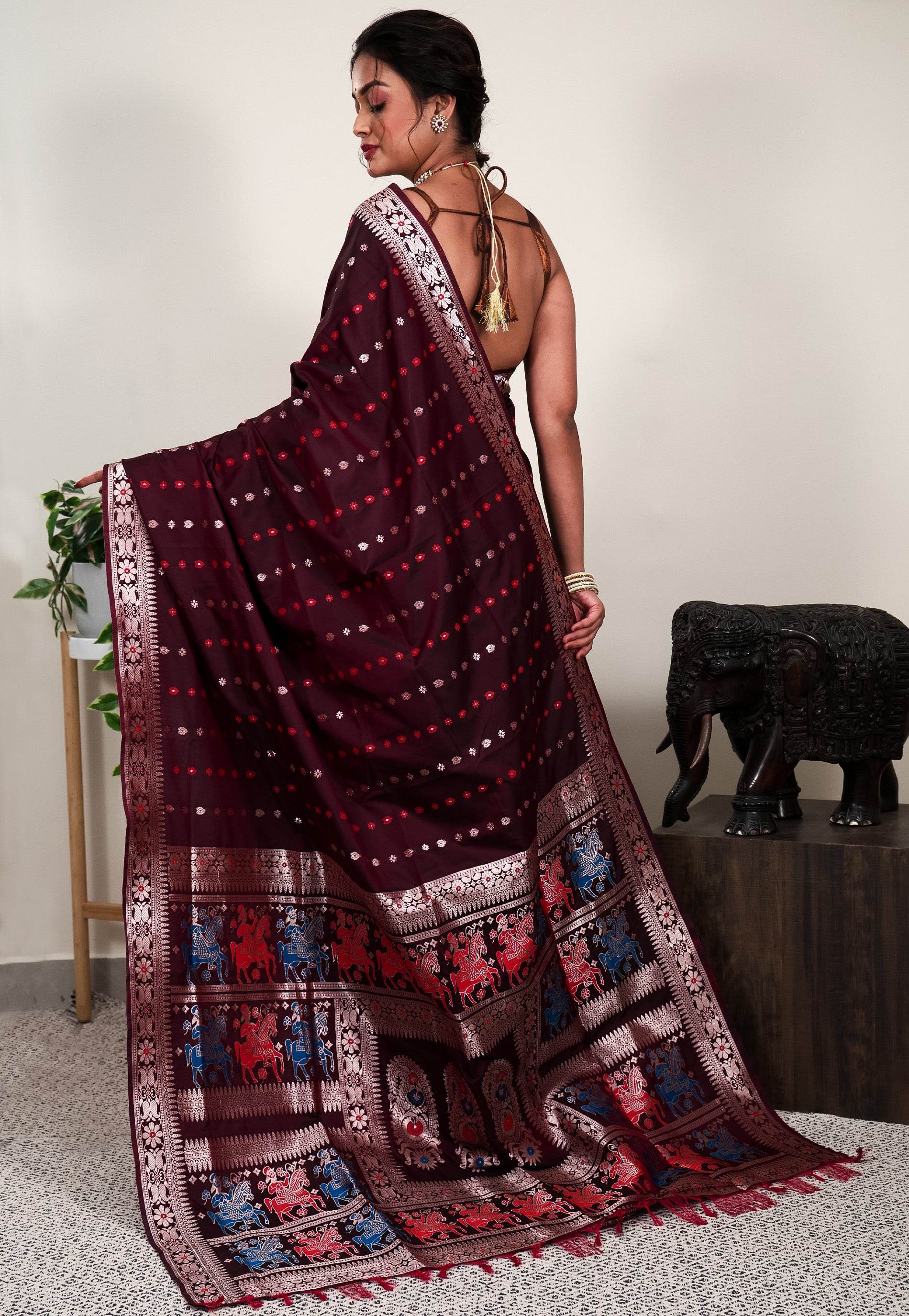Maroon Minakari Mashru Silk Saree with Blouse Piece - Adi Akshoy & Co.