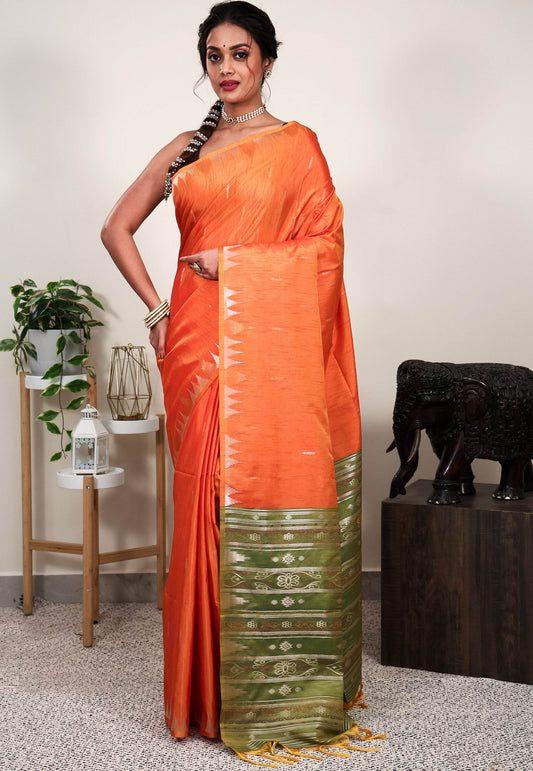 Orange Tussar Silk Saree with Blouse Piece - Adi Akshoy & Co.