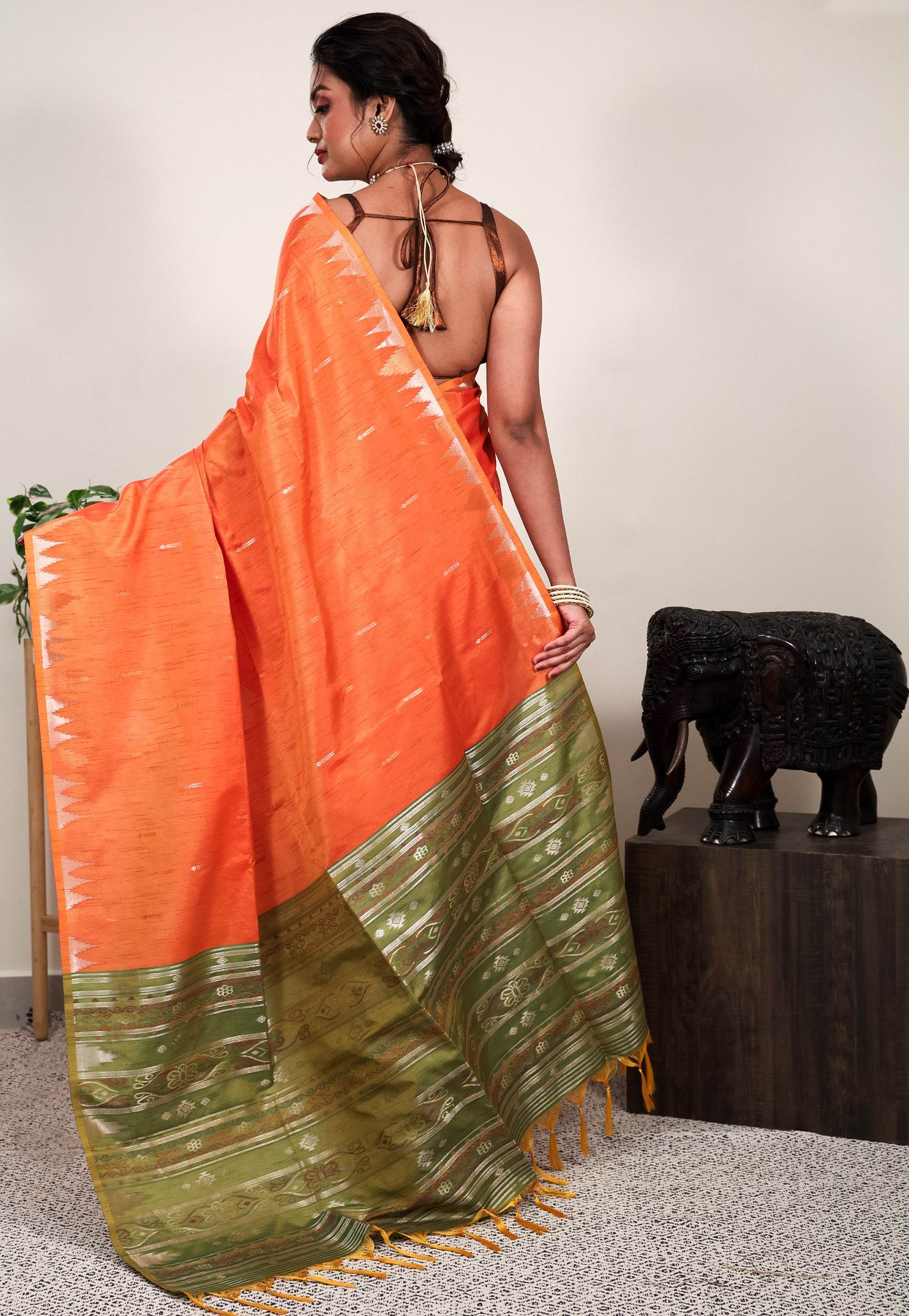Orange Tussar Silk Saree with Blouse Piece - Adi Akshoy & Co.
