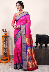 Rani Pink with Purple Border Paithani Silk Saree With Blouse Piece - Adi Akshoy & Co.