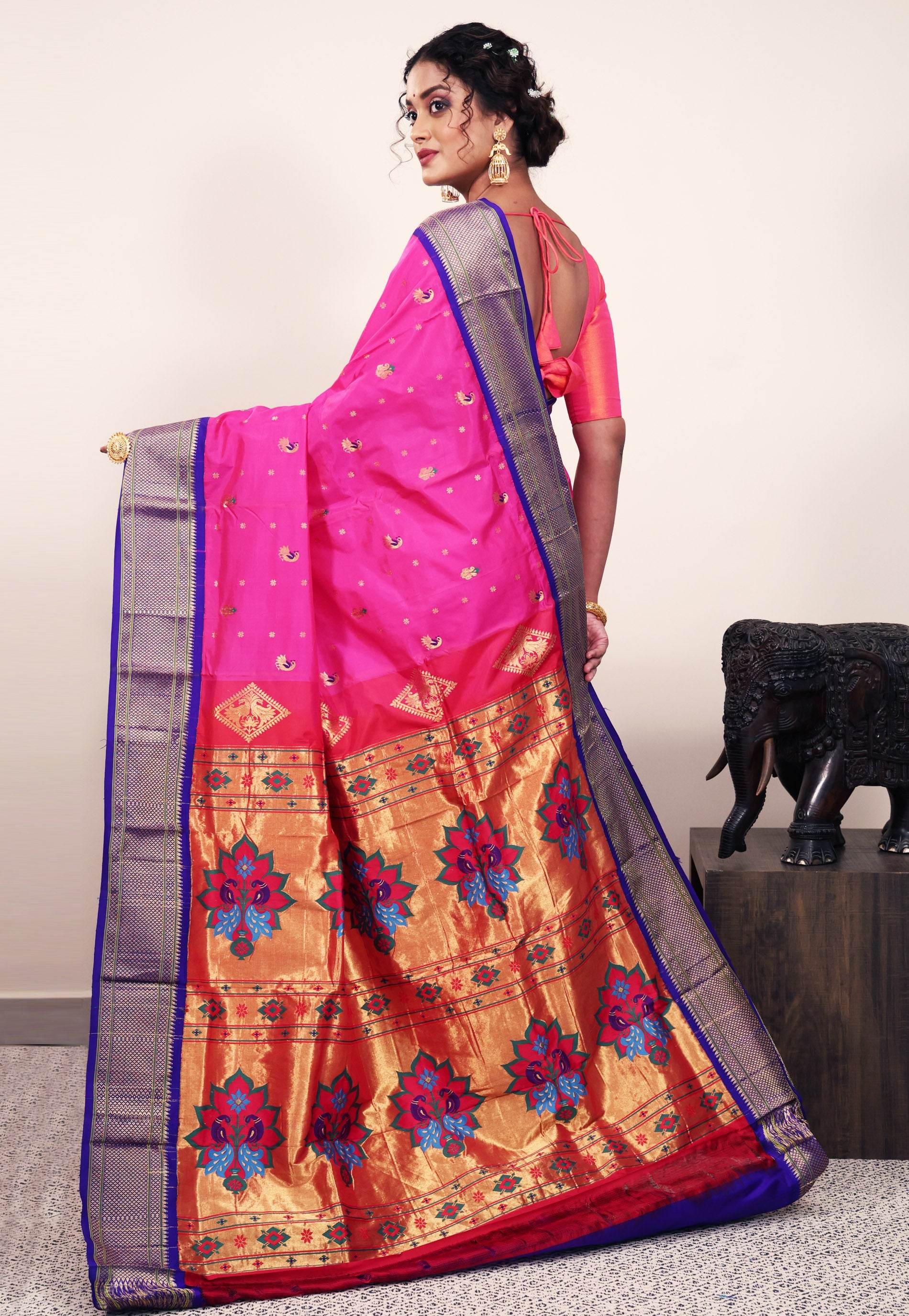 Rani Pink with Purple Border Paithani Silk Saree With Blouse Piece - Adi Akshoy & Co.