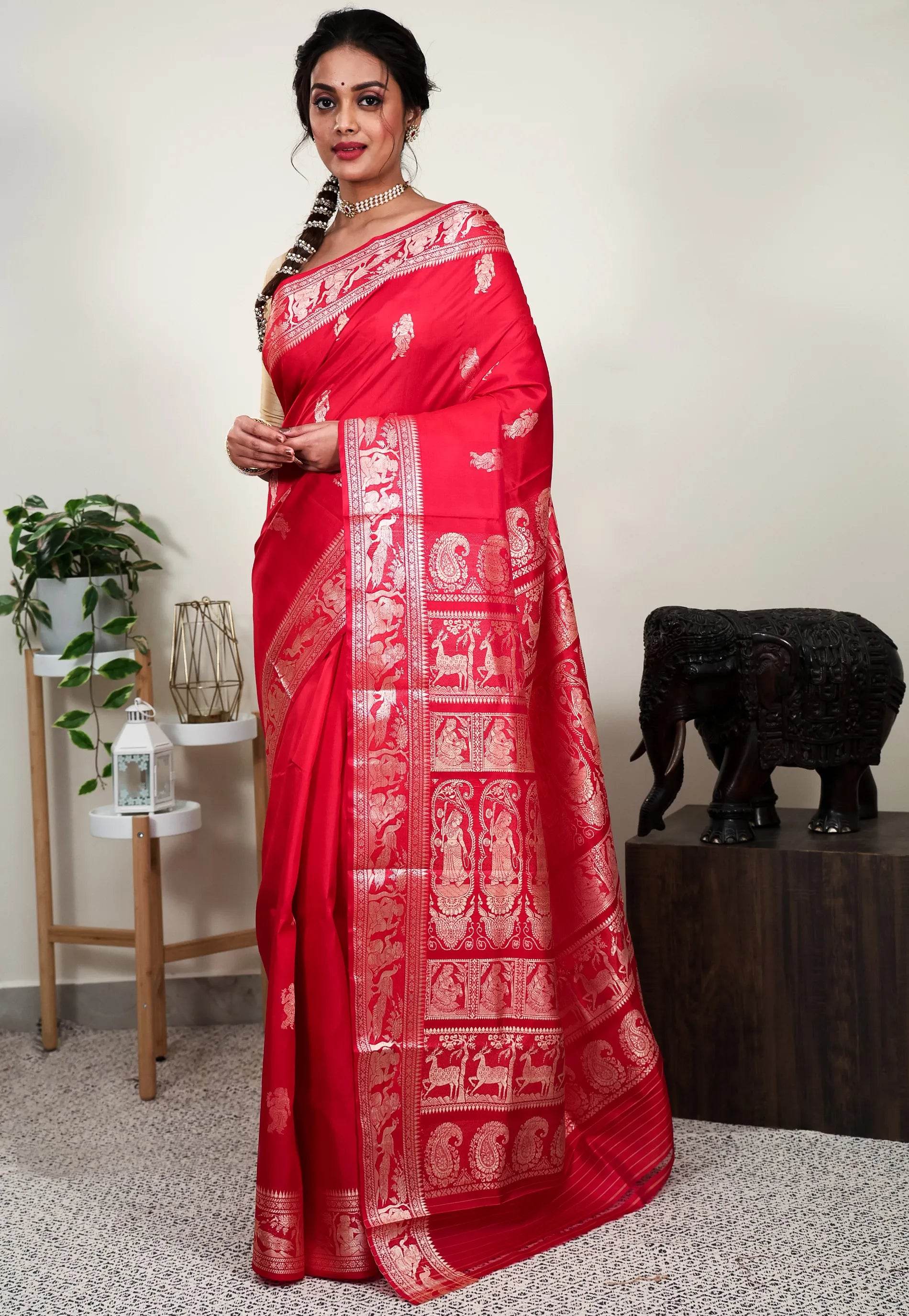 Red Baluchari Pure Silk Saree with Blouse Piece - Adi Akshoy & Co.