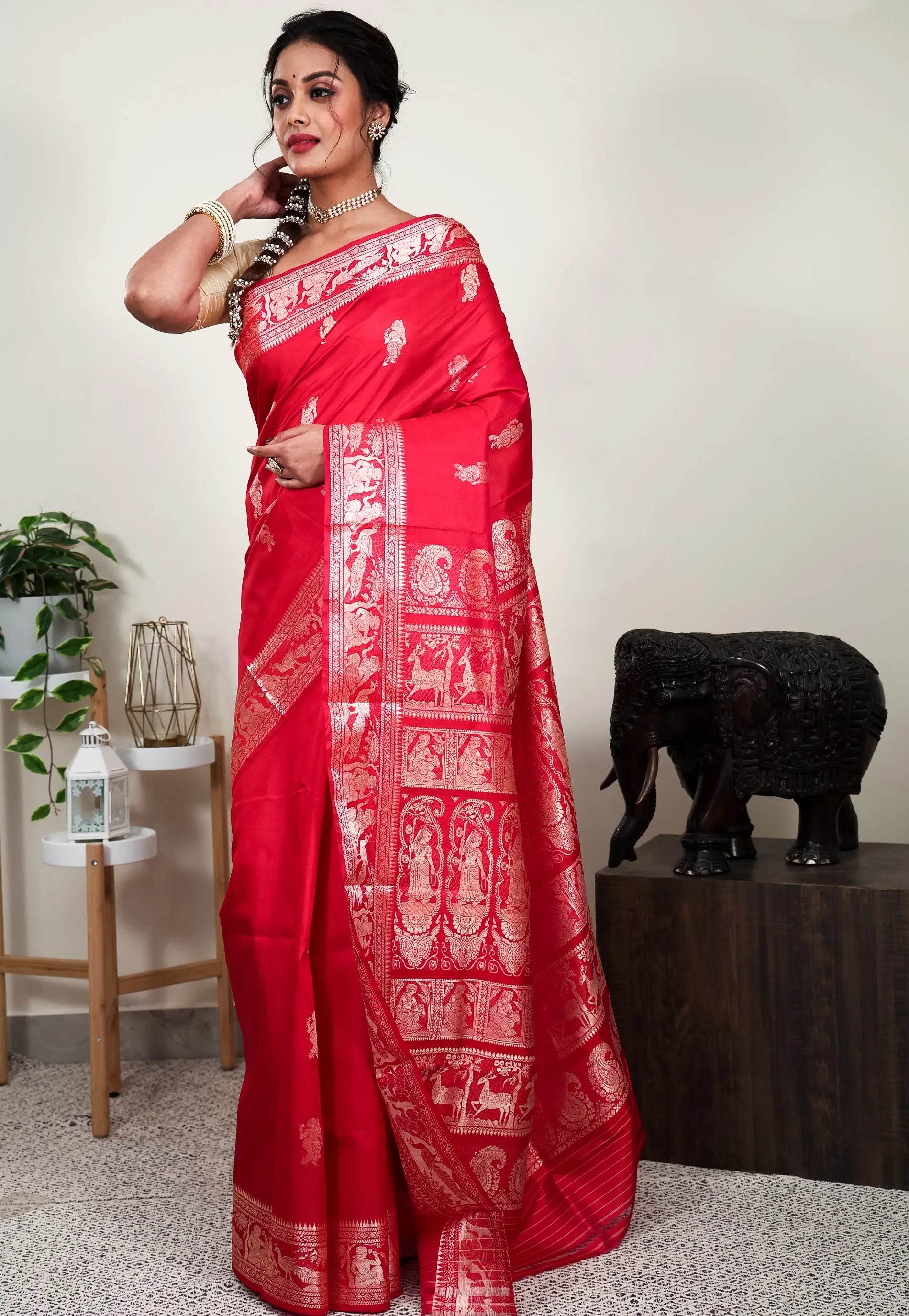 Red Baluchari Pure Silk Saree with Blouse Piece - Adi Akshoy & Co.